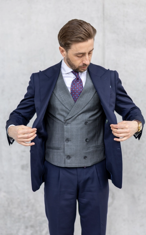 Kamizelka Dwurzędowa Krata Szara 100% Wełna