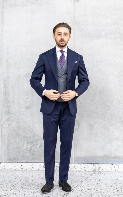 Kamizelka Dwurzędowa Krata Szara 100% Wełna