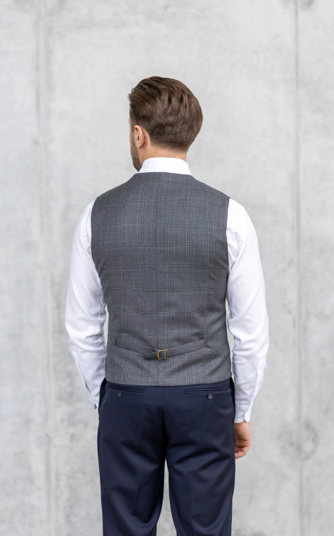 Kamizelka Dwurzędowa Krata Szara 100% Wełna