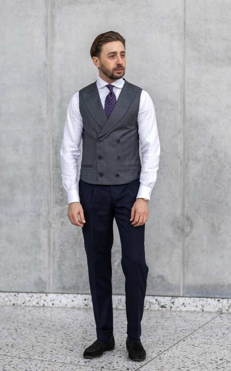 Kamizelka Dwurzędowa Krata Szara 100% Wełna