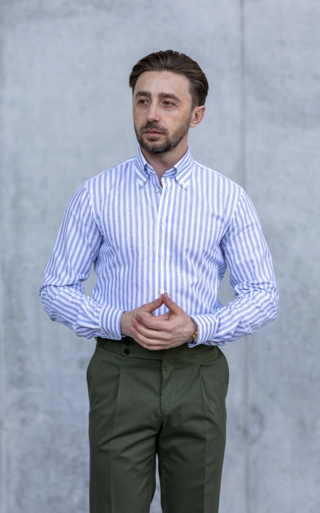 Koszula Bawełna- Len w prążek Niebieska