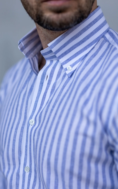 Koszula Bawełna- Len w prążek Niebieska