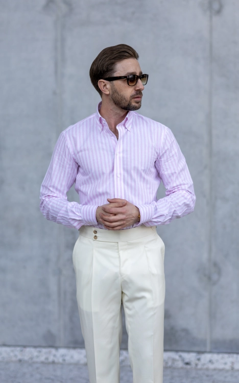 Koszula Bawełna- Len w prążek Różowa