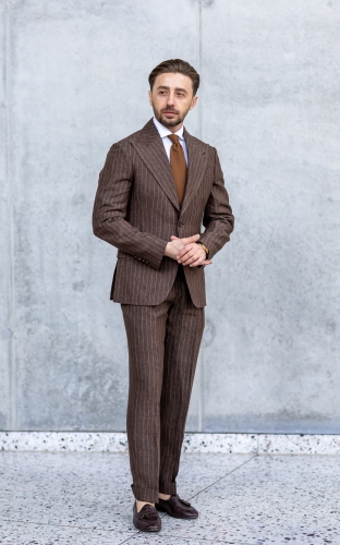 Brown Linen Pinstripe Suit