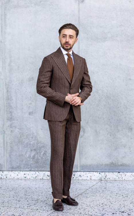 Brown Linen Pinstripe Suit